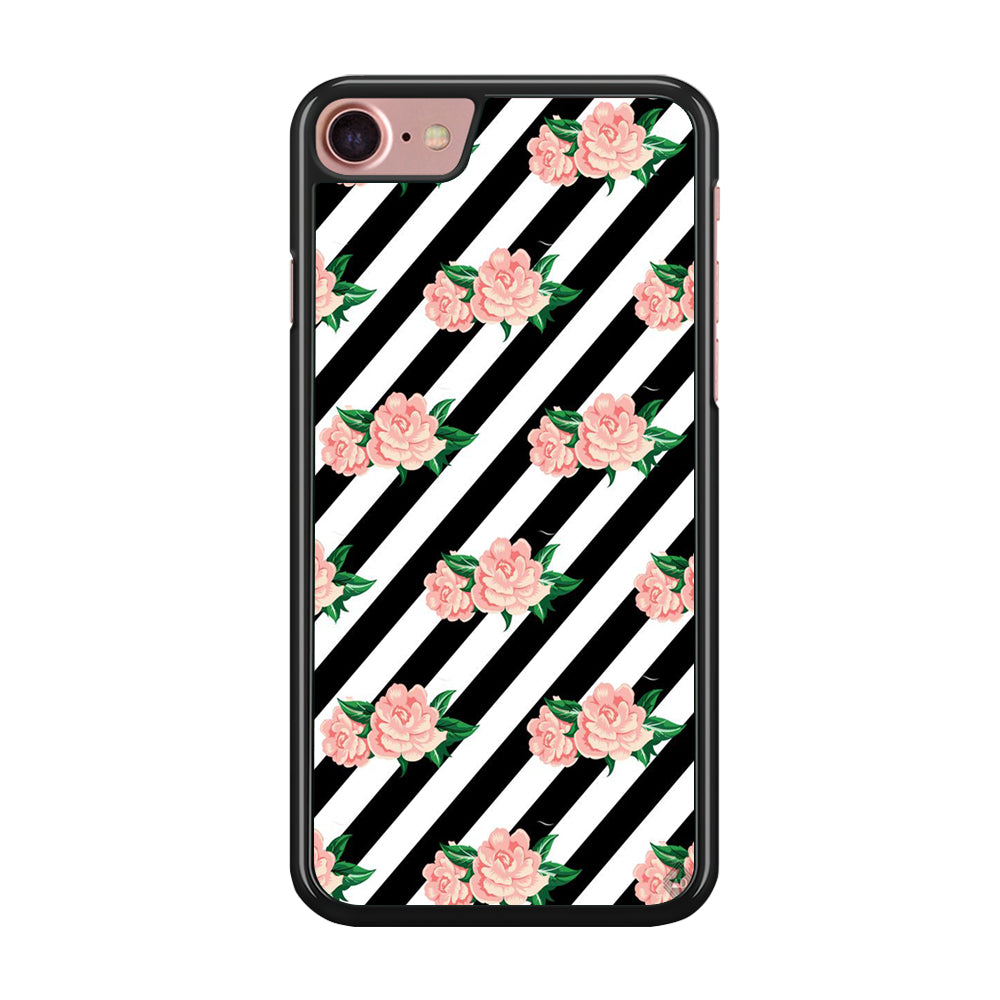 Girly Pink Rose Black Stripe iPhone 8 Case