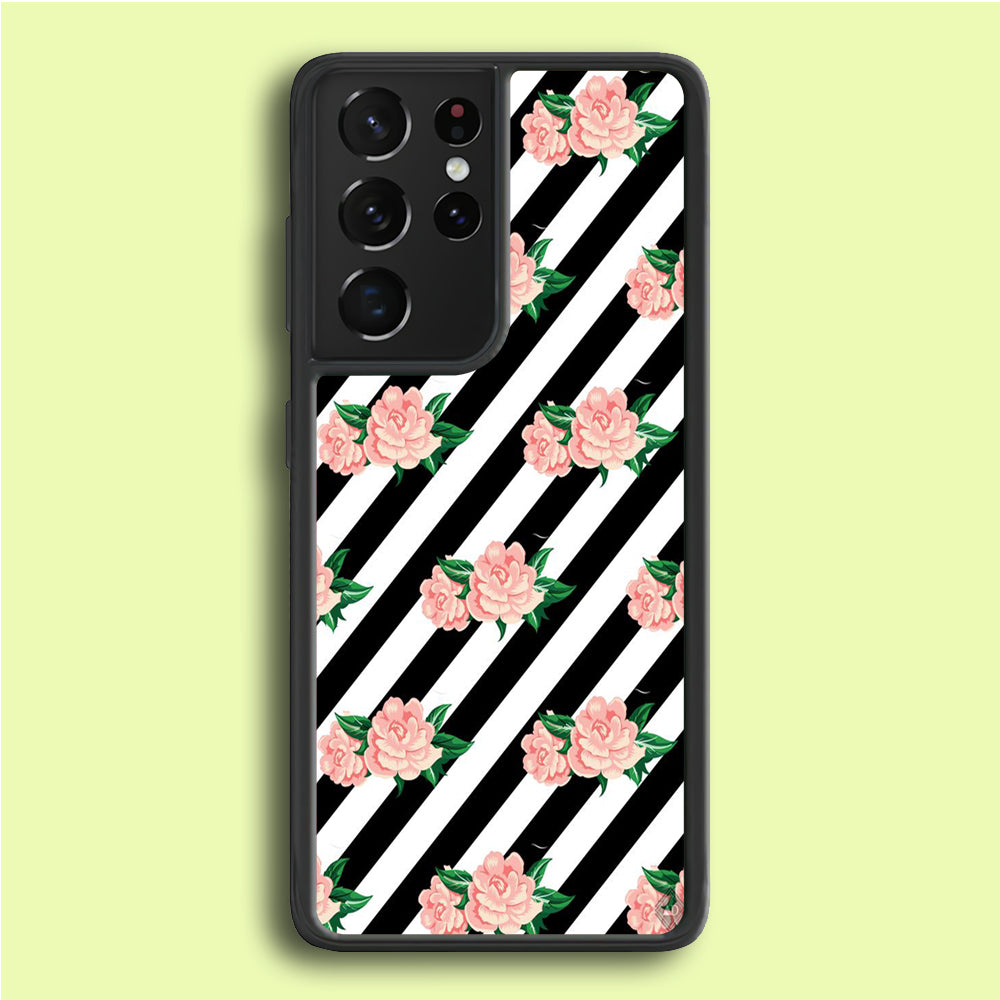 Girly Pink Rose Black Stripe Samsung Galaxy S21 Ultra Case