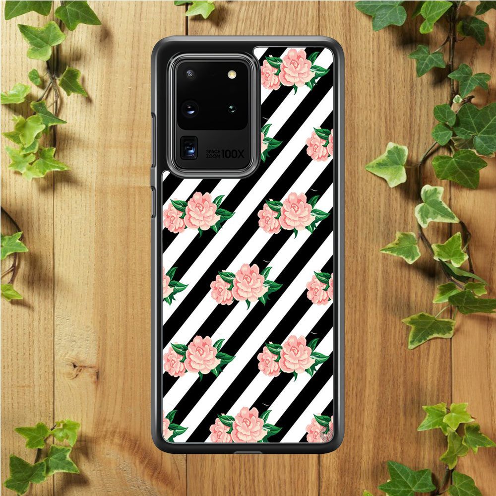 Girly Pink Rose Black Stripe Samsung Galaxy S20 Ultra Case