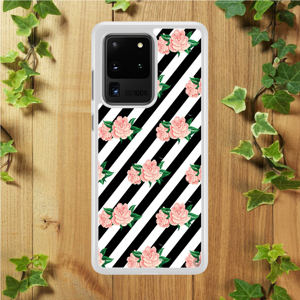 Girly Pink Rose Black Stripe Samsung Galaxy S20 Ultra Case