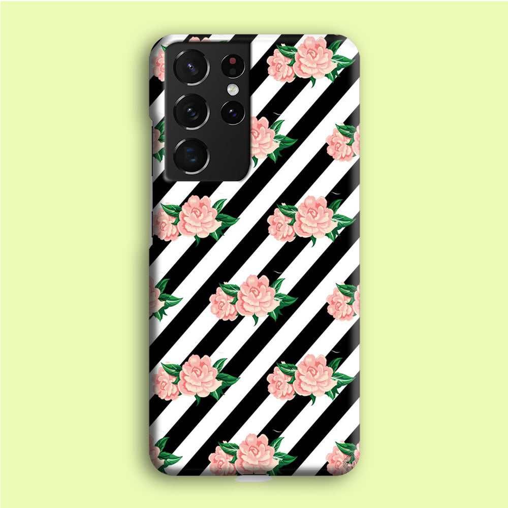 Girly Pink Rose Black Stripe Samsung Galaxy S21 Ultra Case