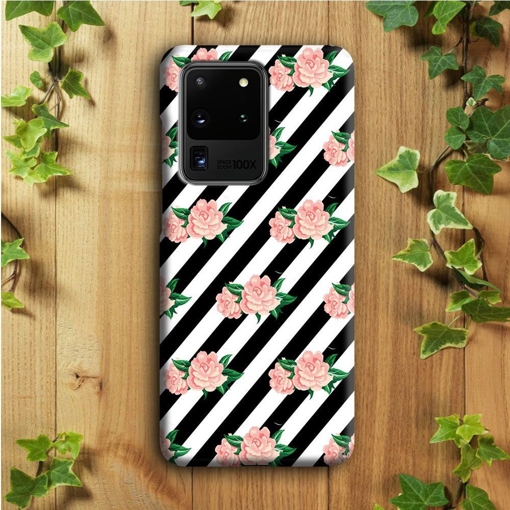 Girly Pink Rose Black Stripe Samsung Galaxy S20 Ultra Case